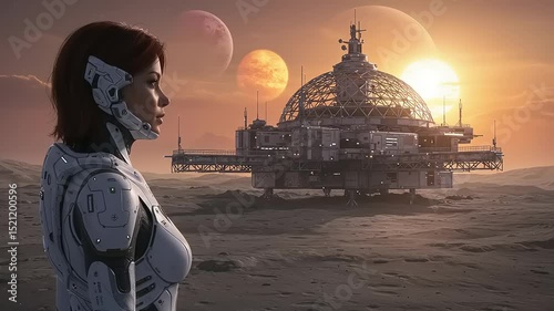 Futuristic astronaut gazing at a space colony on an alien planet during sunset