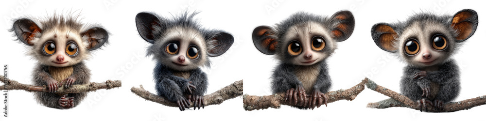 Obraz premium Cute Cartoon Gibbons on Branches with Bright Eyes and Soft Fur