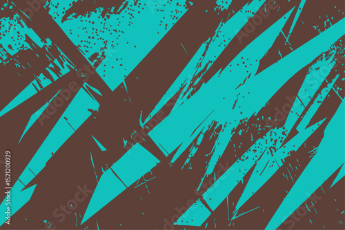 Energetic vector grunge texture with sharp, angular teal strokes and splatters on a dark brown background. A modern, edgy design for textiles and graphics.