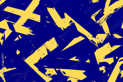 Bold abstract background with a distressed grunge texture. Aggressive, sharp geometric shapes in bright yellow create a chaotic pattern over a deep blue base. A modern and sporty design.