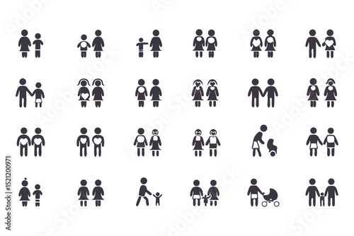 Family and Relationship Icon Set. Black Silhouette Vector Glyphs of Couples, Parents, Children, Elderly, Pregnancy, Single Moms and Social Care. Vector Illustration
