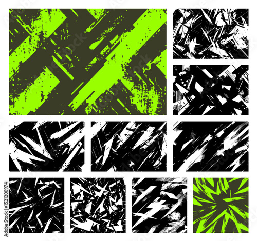 Dynamic vector set of abstract grunge textures. Featuring energetic lime green, black, and white brush strokes and chaotic lines, perfect for sports, racing, and modern, edgy graphic designs.