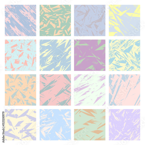 Vector set of 16 abstract pastel patterns. Retro 80s-90s style backgrounds with colorful, angular shapes and terrazzo-like textures for modern designs.
