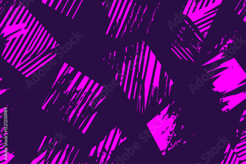 Abstract pattern with grunge textured geometric shapes. Energetic pink distressed blocks on a dark purple background. Modern, edgy vector ideal for sportswear or textiles.