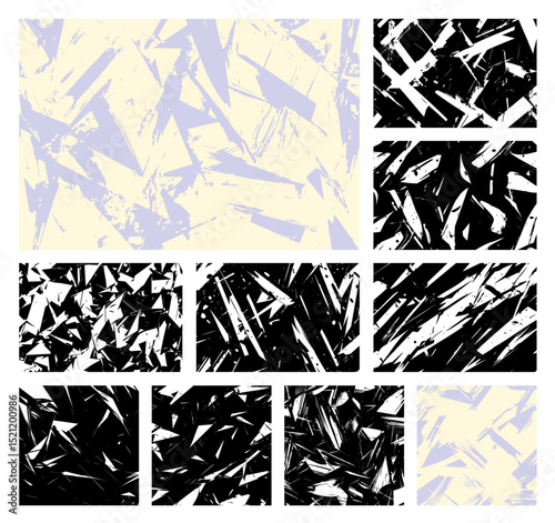 Vector set of abstract grunge textures. Features painterly, chaotic strokes in soft lavender, pale yellow, and monochrome. Creates an artistic, distressed overlay for modern designs.