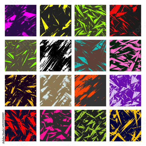 Vector set of 16 abstract vibrant patterns. Retro 80s-90s style backgrounds with energetic, neon-like angular shapes and grunge textures for edgy designs.