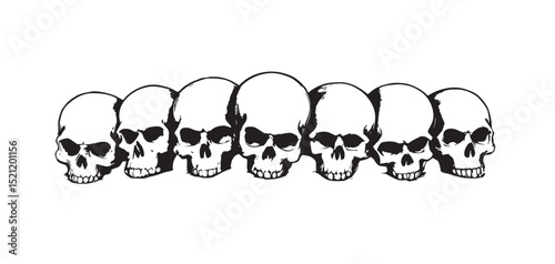black skulls in a row with black eyes and nose, skull vector , skull line art