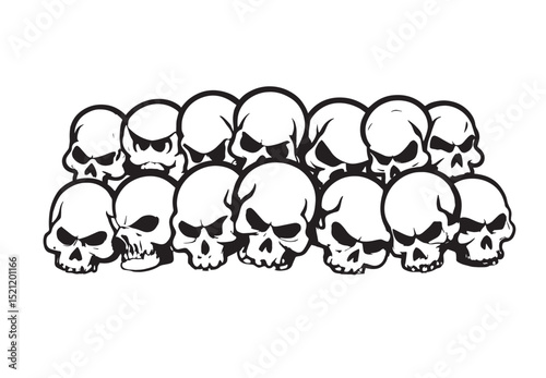 black skulls in a row with black eyes and nose, skull vector , skull line art