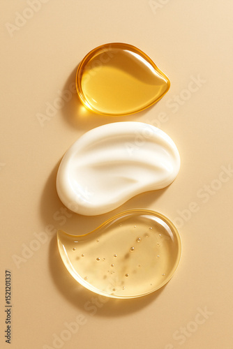 Skincare Texture Trio – Facial Oil, Cream, and Gel Swatches on Soft Beige Background for Luxury Cosmetic Branding