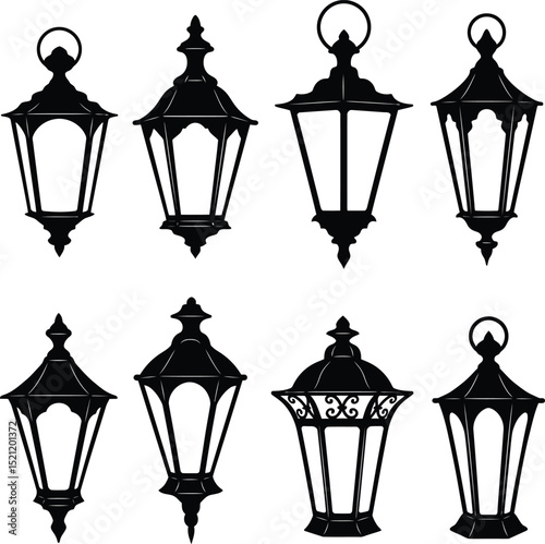 Old Style Lantern Silhouettes for Asian Theme Craft and Artwork