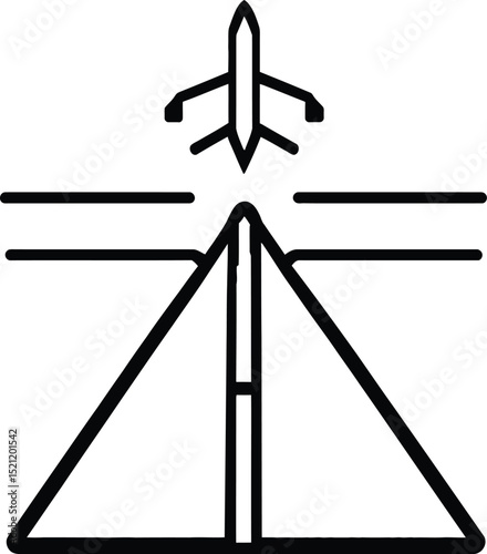 Airplane Takeoff Symbol Set Featuring a Stylized Aircraft Departing from a Triangular Runway with Centerline and Edge Markings—Representing Aviation, Air Travel, and Airport Operations