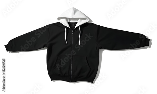 mockup black white zipper hoodie  front side in floor, long sleeves , transparent