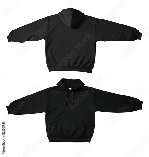 mockup black hoodie back and front side in floor, long sleeves , transparent