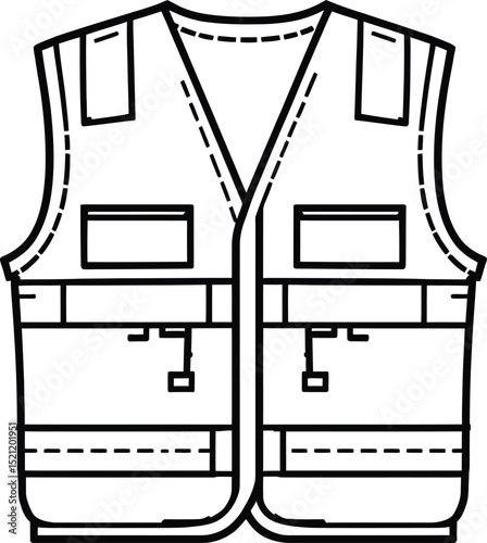 Utility Vest Symbol Set Featuring a Workwear Garment with Multiple Pockets, Straps, and Buckle Details—Representing Professional Equipment, Functionality, and Storage Efficiency