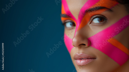 A close-up portrait of a woman with bold neon pink and orange stripes painted diagonally across her face, creating a striking contrast against a smooth, deep blue background. The v