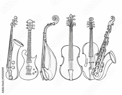 Mellow Tunes: Elegant Line Drawings Showcasing the Essence of Instruments