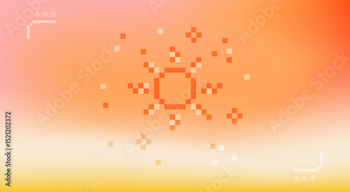 Abstract sunny summer horizontal gradient background with pixel 8 bit style sun. Vector texture in red, orange and yellow. Sunburst pattern. Sun, rays. Hot sunny day bright wide banner, header, cover