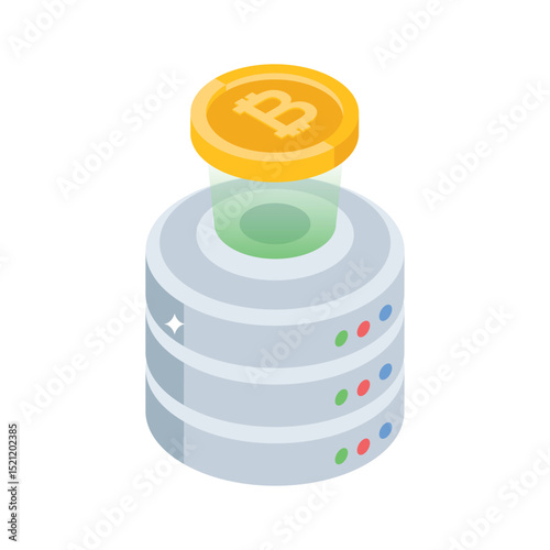 A visually engaging isometric icon showing bitcoin database network