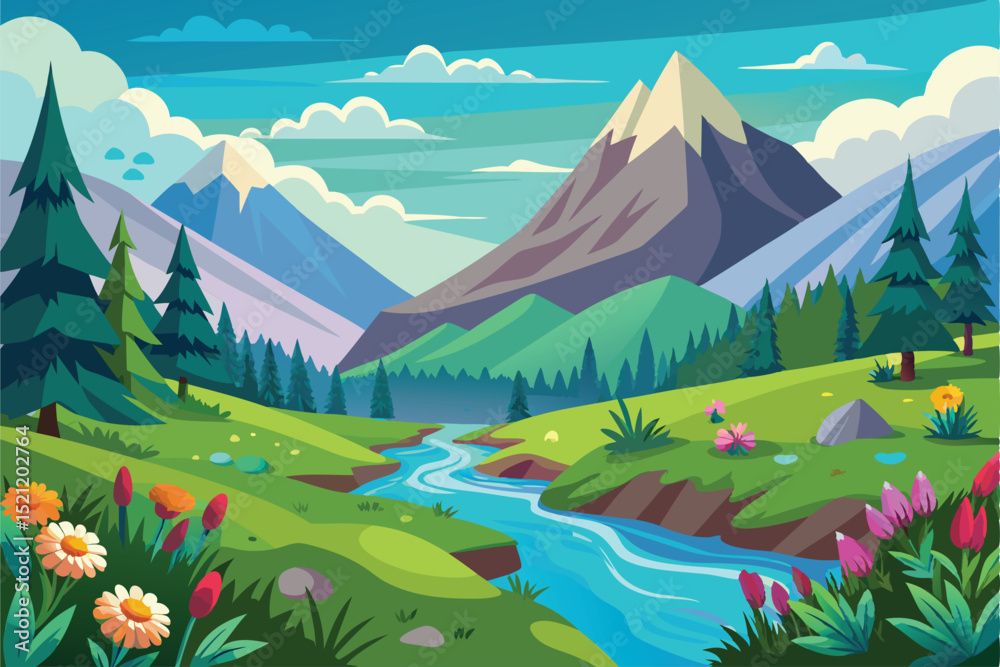 Naklejka premium beautiful mountain landscape with flowing river, green hills, wildflowers and forest scenery in spring