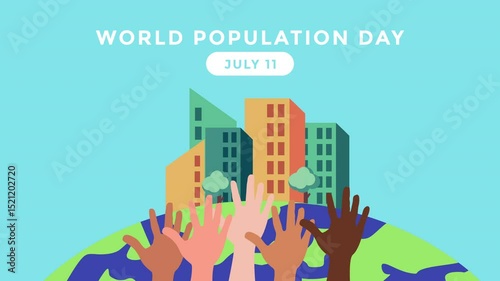 World Population Day Video Animation, with Earth, city building, and multi ethnic color hand
