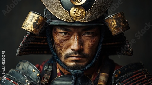 Close-up portrait of a stern-faced samurai, adorned in weathered, intricately detailed armor and a helmet featuring gold accents, set against a dark, moody background