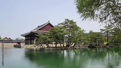 The pond and Hahyangjeong Pavilion in Gyeongbokgung palace complex. 