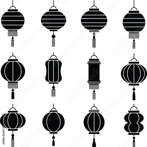 Elegant Chinese lantern silhouette icon with dangling tassels