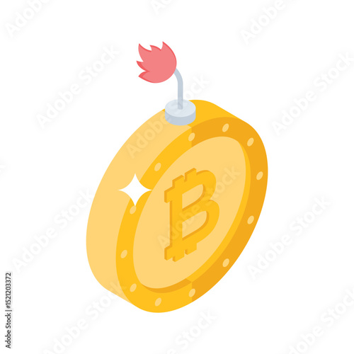 A futuristic isometric style icon showing bitcoin risk alert