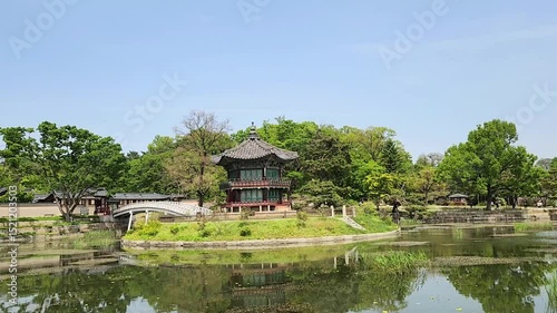 The pond and Hyangwonjeong Pavilion in Gyeongbokgung palace complex. 