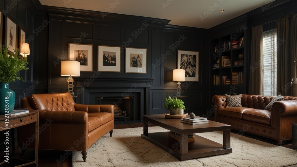 Fototapeta premium Luxurious dark room with leather furniture