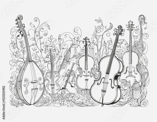 Rhythmic Elegance: Detailed Line Art of Folk Instruments in Cultural Tapestry