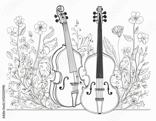 Rhythmic Elegance: Detailed Line Art of Folk Instruments in Cultural Tapestry