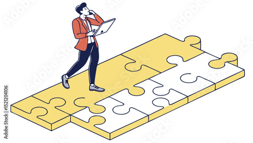 Man standing on puzzle pieces holding a laptop and talking on the phone with a thoughtful expression