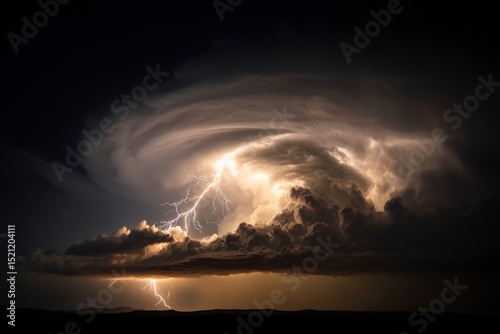 Menacing supercell storm cloud formation with brilliant lightning bolts illuminating darkened rural landscape beneath showcasing the raw power of extreme weather phenomena at night