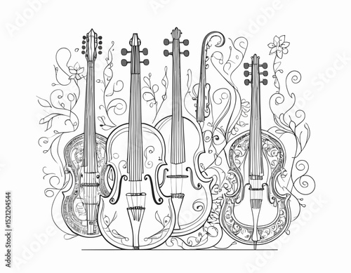 Rhythmic Elegance: Detailed Line Art of Folk Instruments in Cultural Tapestry