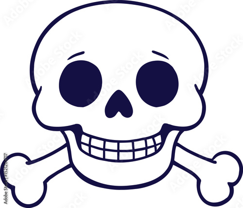 Skull & Crossbones Cartoon Symbol Set Featuring a Round-Eyed Grinning Skull with Large Eye Sockets and a Triangular Nose Cavity, Set Against Two Diagonally Positioned Bones—Representing Danger, Poison