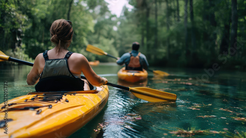 Two People Kayaking on a Clear River Surrounded by Lush Green Foliage in a Serene Natural Setting