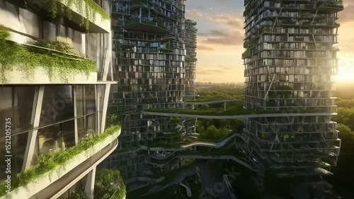 Futuristic eco-friendly skyscrapers with greenery at sunset, showcasing urban sustainability
