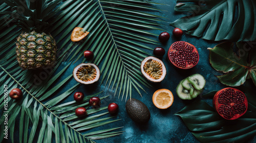 Fresh Variety of Tropical Fruits Displayed on Lush Palm Leaves Against a Vibrant Background