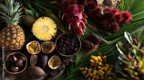 Assorted Tropical Fruits Displayed on Green Palm Leaves in Natural Setting