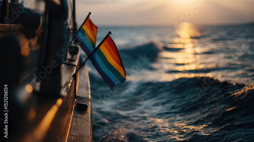 Vibrant Pride Flags Flying on a Boat During a Stunning Sunset over the Ocean Waves