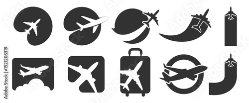 Airplane Travel Logo Icon Set. Modern Flight, Pin, Globe and Route Symbols on Transparent Background.