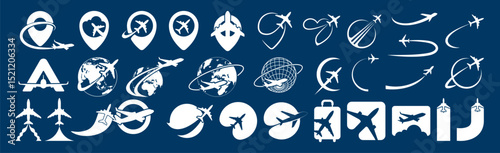 Airplane Travel Logo Icon Set. Modern Flight, Pin, Globe and Route Symbols on Transparent Background.