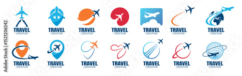 Airplane Travel Logo Icon Set. Modern Flight, Pin, Globe and Route Symbols on Transparent Background.