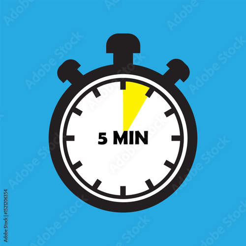5 Minutes Timer Icon, Modern Flat Design. Clock, Stopwatch, Chronometer Showing Five Minutes Label. Cooking time, Countdown Indication.