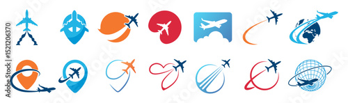 Airplane Travel Logo Icon Set. Modern Flight, Pin, Globe and Route Symbols on Transparent Background.