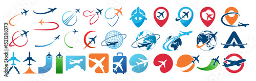 Airplane travel Logo. Travel, tourism agency logo design, icons and symbol. Silhouette of flying plane. Template for logo, emblem on Transparent Background.