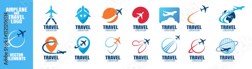 Airplane travel Logo. Travel, tourism agency logo design, icons and symbol. Silhouette of flying plane. Template for logo, emblem on Transparent Background.