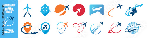 Airplane travel Logo. Travel, tourism agency logo design, icons and symbol. Silhouette of flying plane. Template for logo, emblem on Transparent Background.