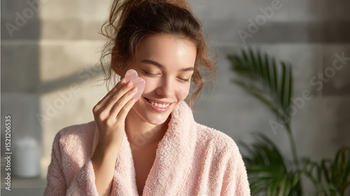 Woman Performing Gua Sha Massage with Rose Quartz Stone in Wellness Spa Environment, Focus on Skincare Routine